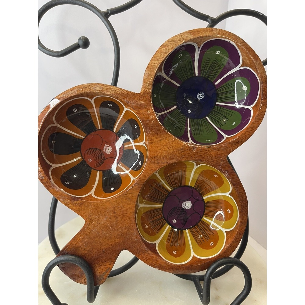 Talavera Style 3 Compartment  Wooden Appetizer Bowl Hand Painted Floral Signed‎